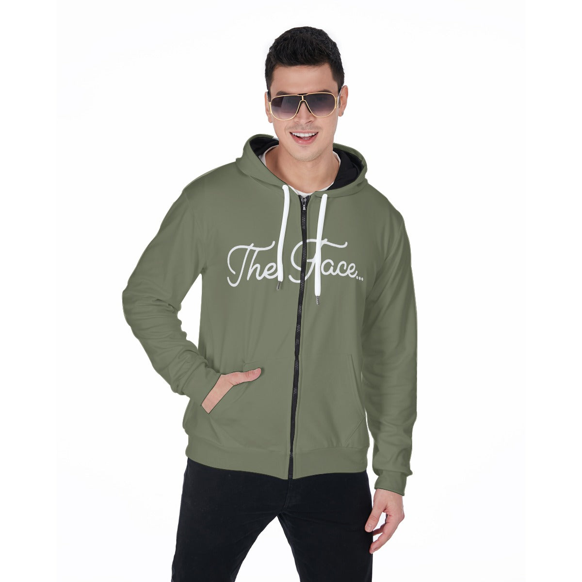 The Face..Print Men's Heavy Fleece Zip Up Hoodie (Olive)