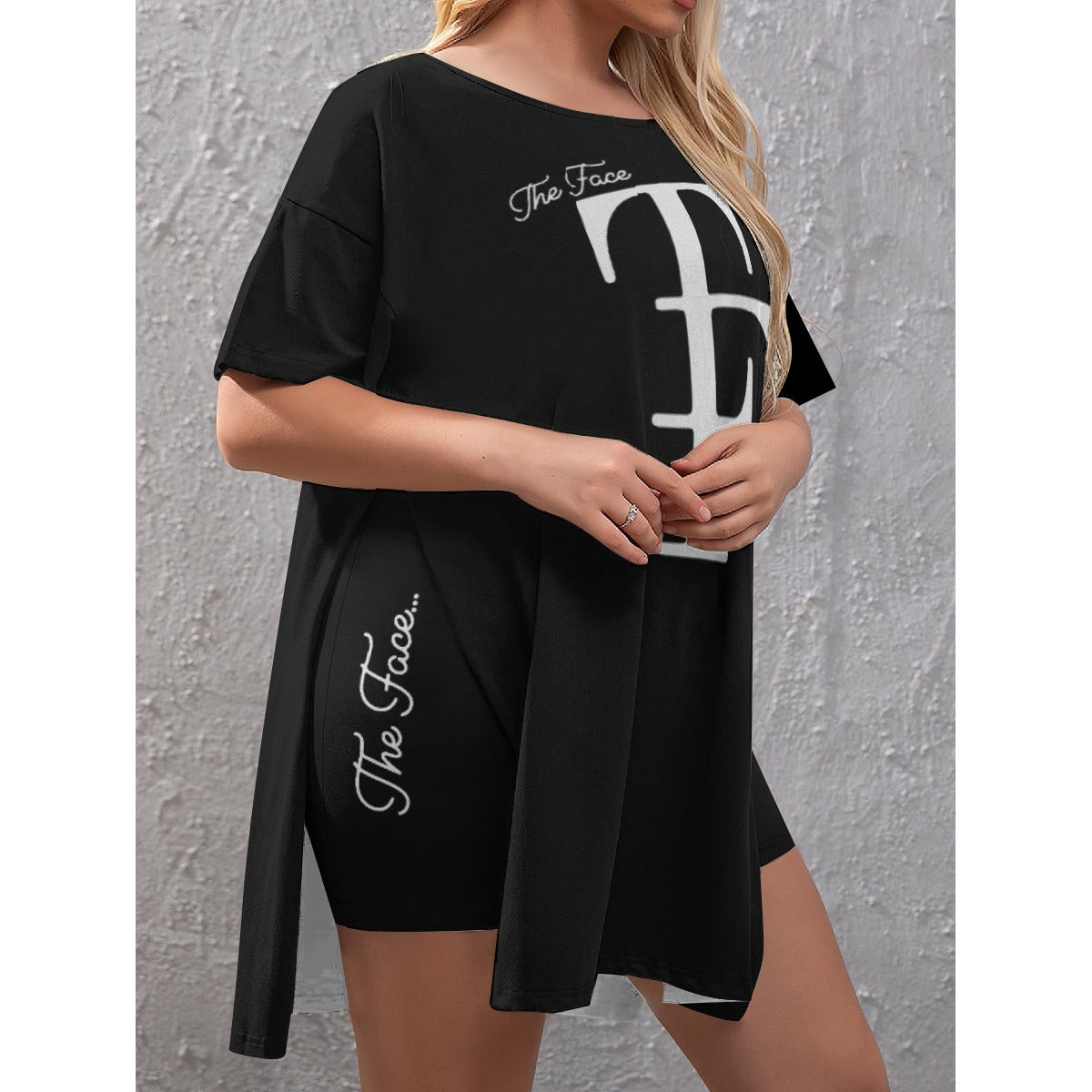 TF All-Over Print Women's Drop-Shoulder T-Shirt with Side Split and Shorts (Plus Size)