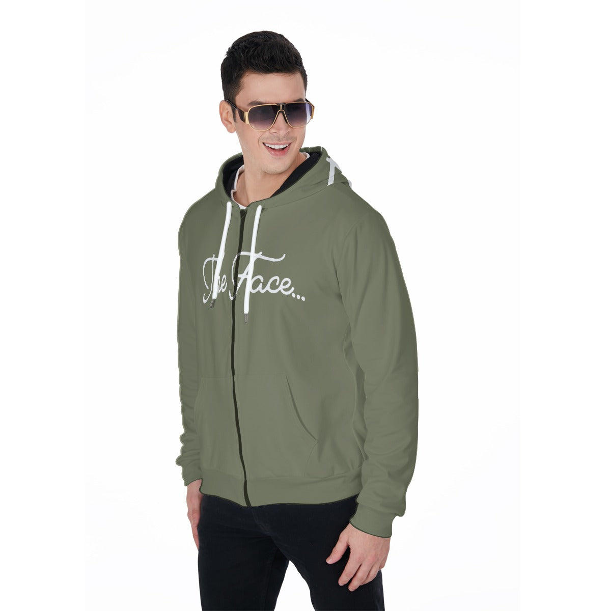 The Face..Print Men's Heavy Fleece Zip Up Hoodie (Olive)